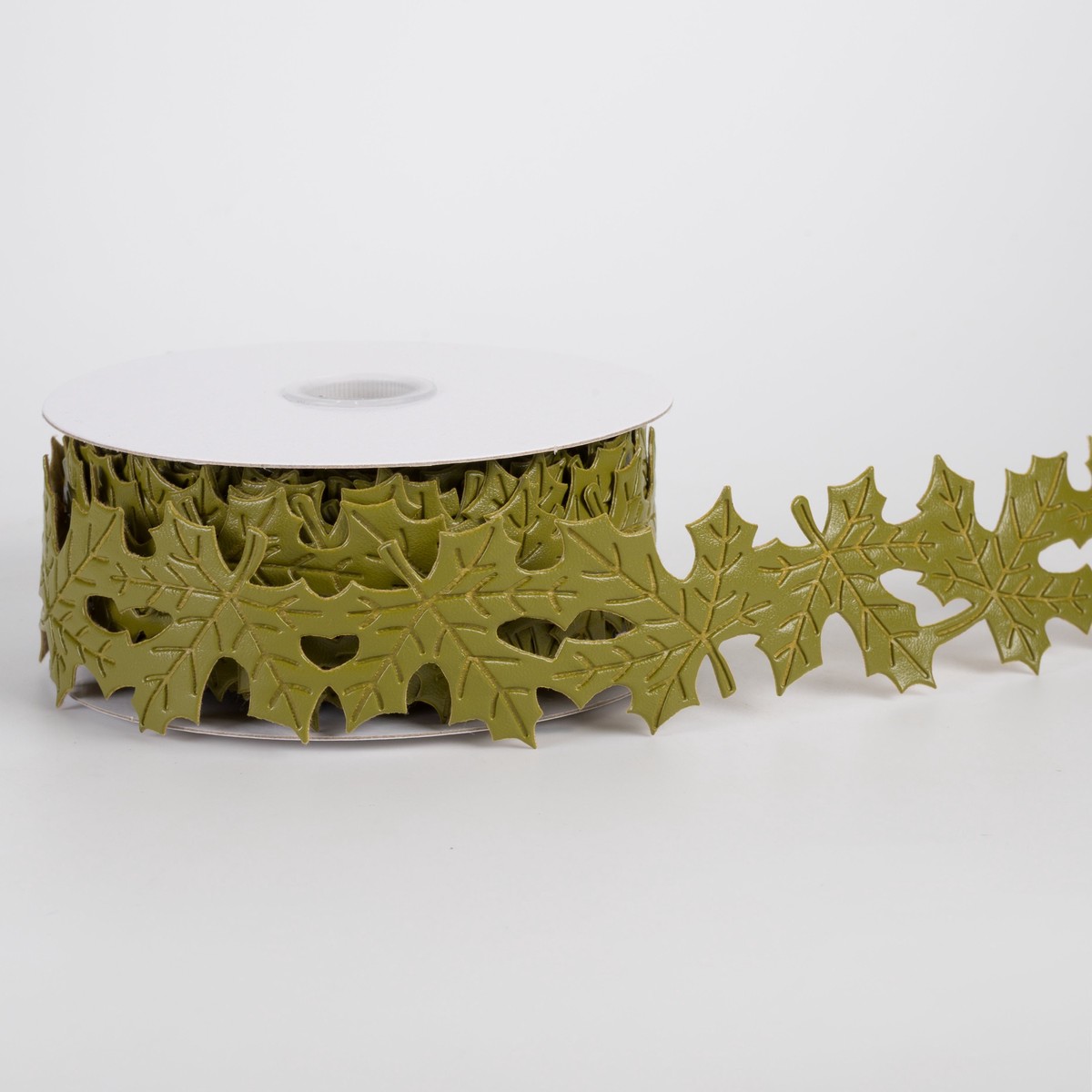 1.5" Unwired Faux Leather Leaf Cutout Ribbon: Moss Green (10 Yards)