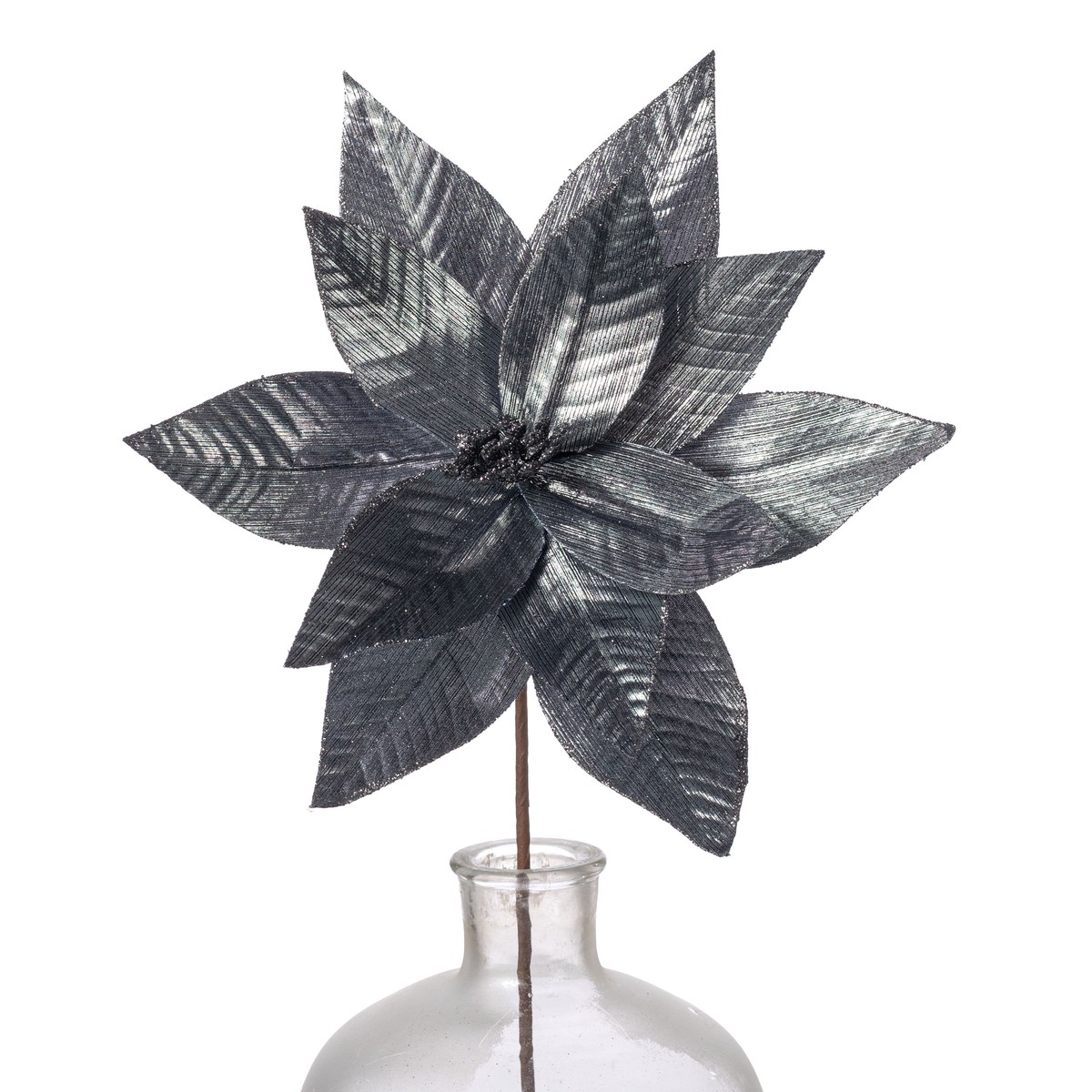 12" x 19" Metallic Poinsettia Stem: Black & Silver
