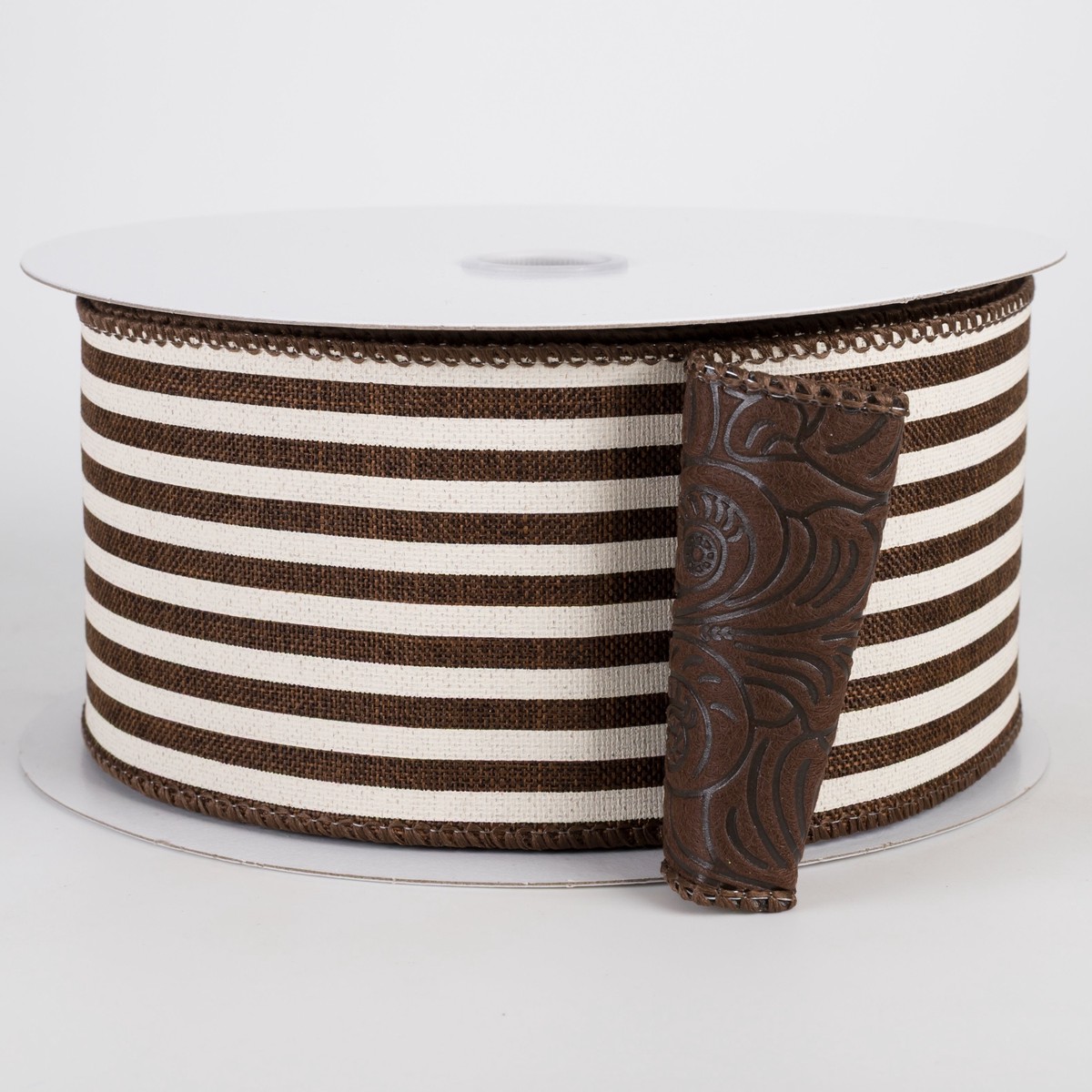 2.5" Double Sided Fused Embossed Floral & Stripes Ribbon: Cream & Brown (10 Yards)