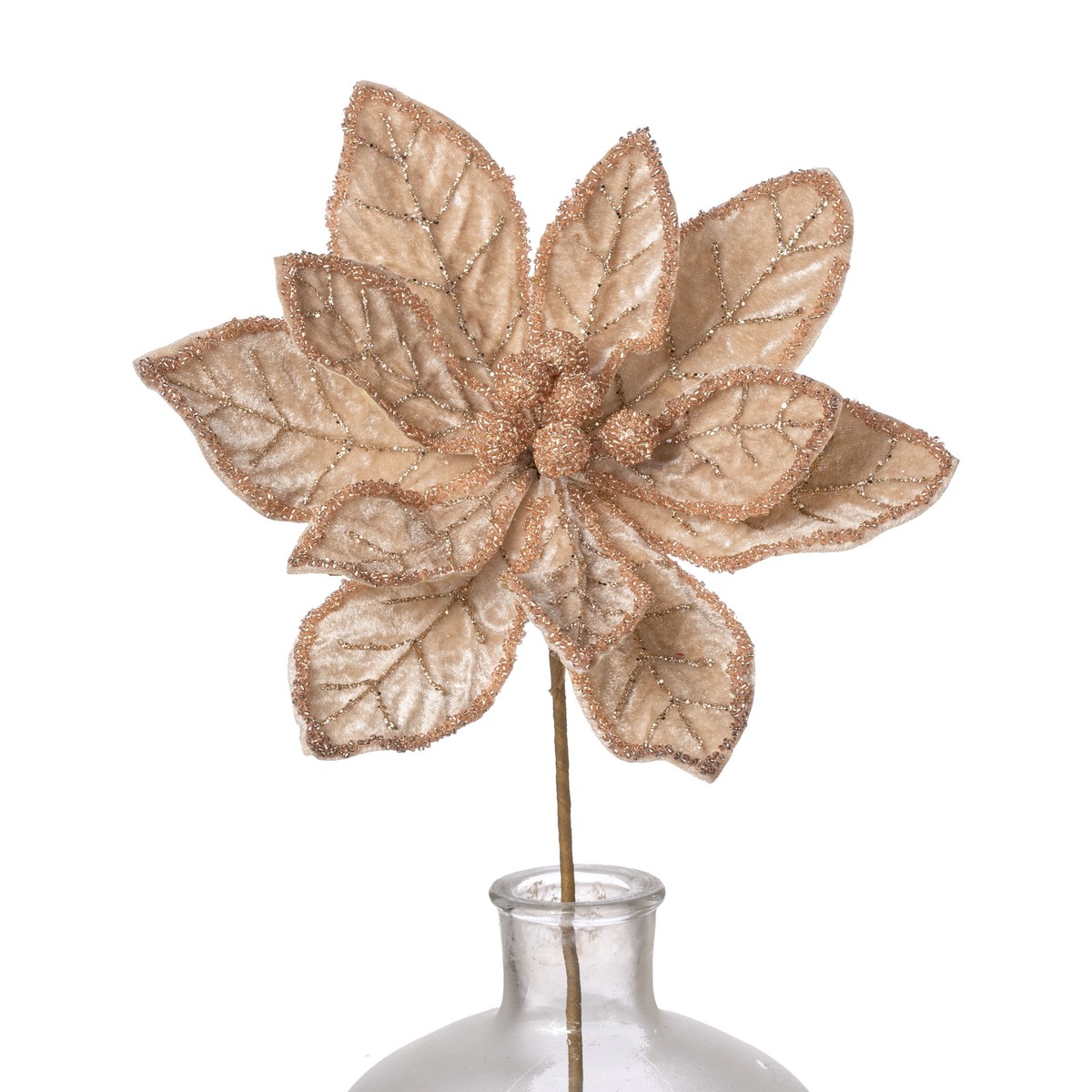 20" Glittered Velvet Poinsettia Stem: Champagne & Tan