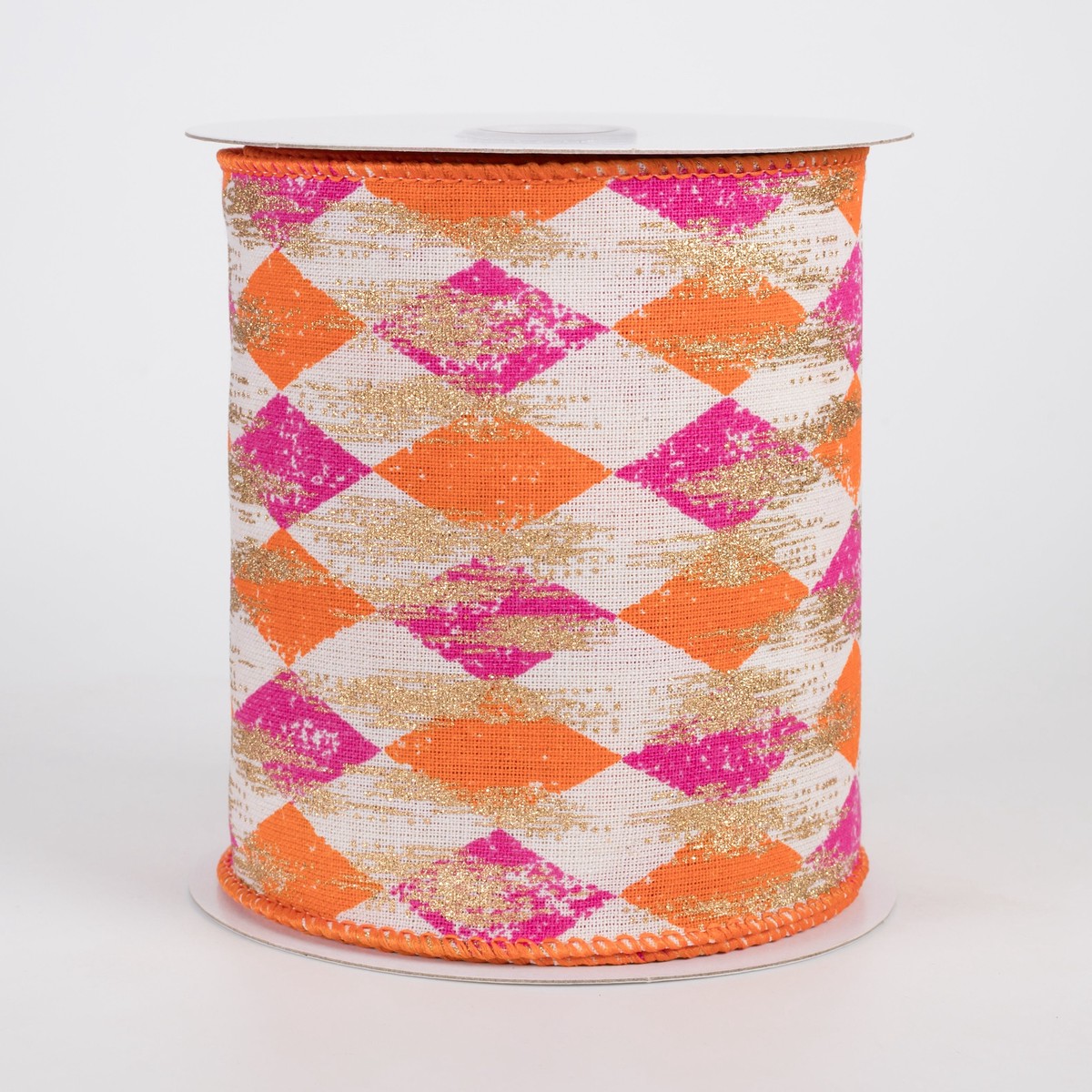 4" Canvas Harlequin Gold Painted Ribbon: Cream, Fuchsia & Orange (10 Yards)