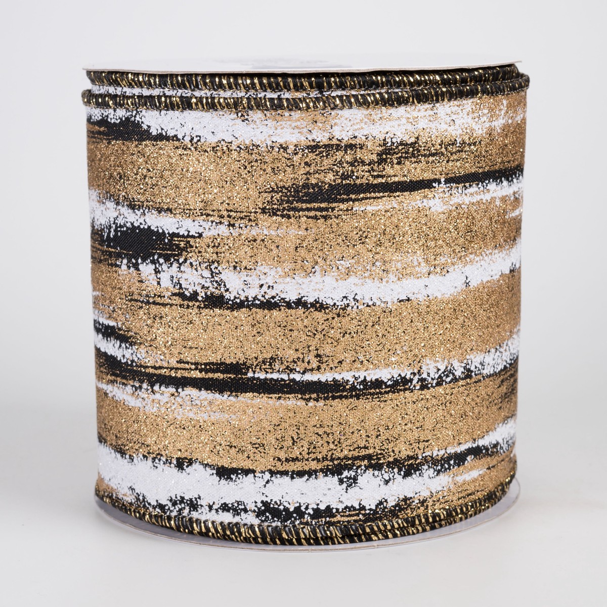 4" Glitter Paint Strokes Ribbon: White & Gold on Black (10 Yards)