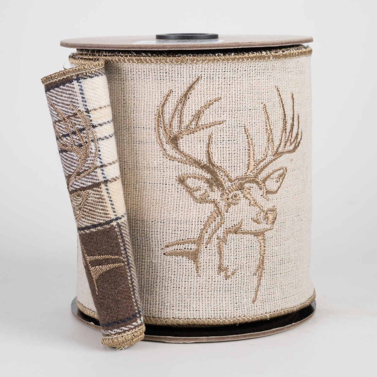 [D Stevens] 4" Linen Embroidered Deer Ribbon: Plaid Back (5 Yards)