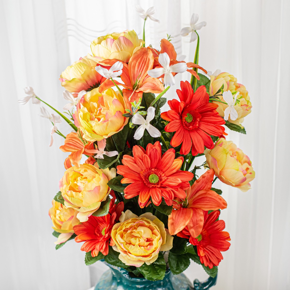 31" Peony, Gerbera Daisy, Tiger Lily Bush: Coral & Orange