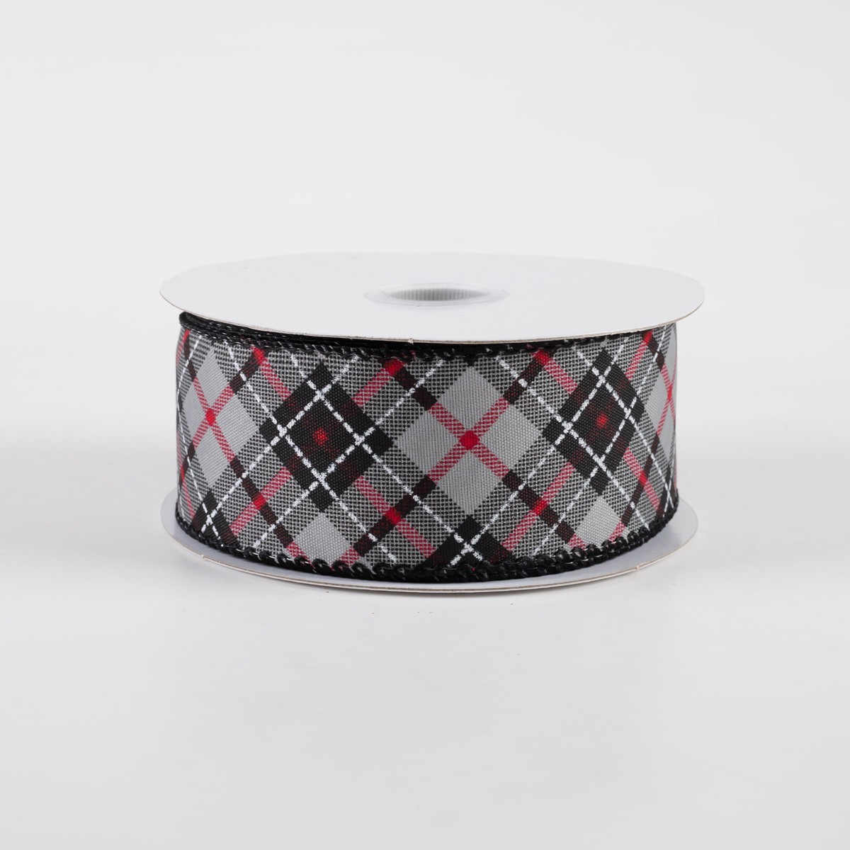 1.5" Argyle Satin Ribbon: Grey, Black, White, Red (10 Yards)