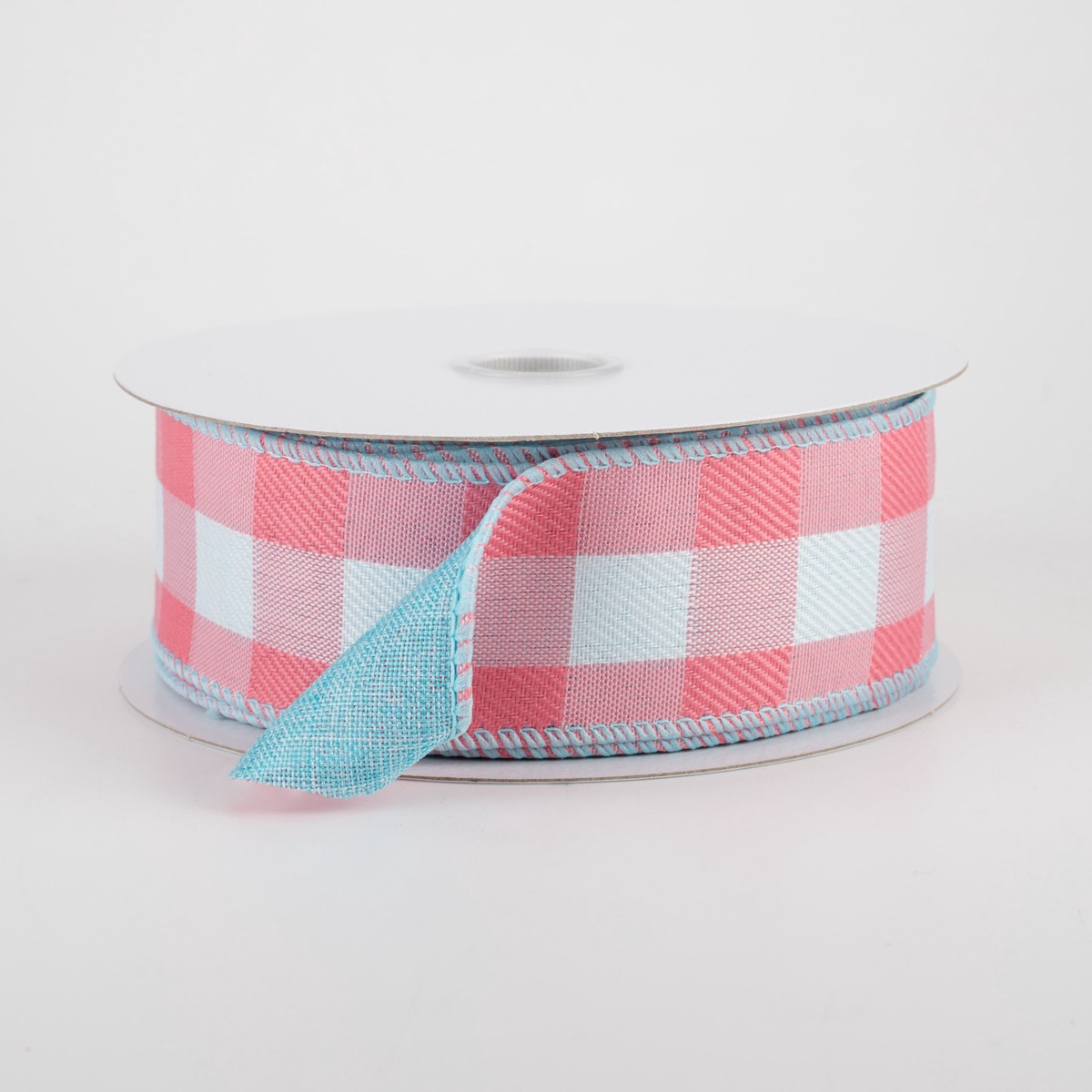 1.5" 2-Sided Buffalo Plaid & Linen Ribbon: Coral, White, Aqua (10 Yards)