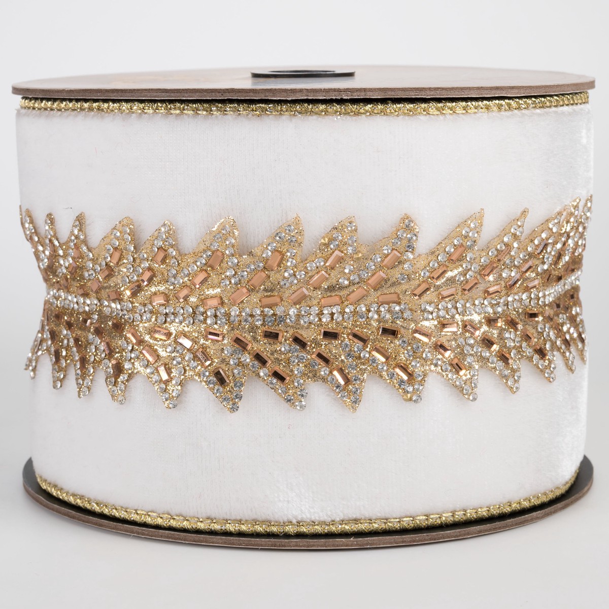 [D Stevens] 4" Velvet & Jewels Art Deco Trim Ribbon: Winter White & Gold (5 Yards)