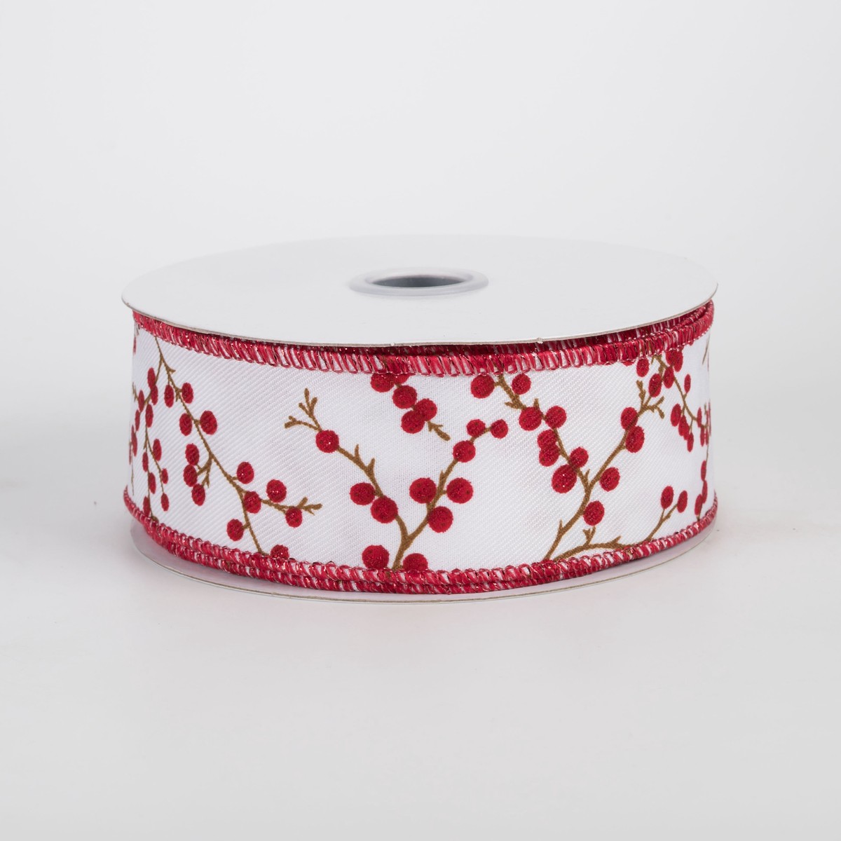 1.5" Berry Branches Ribbon: Red on White (10 Yards)