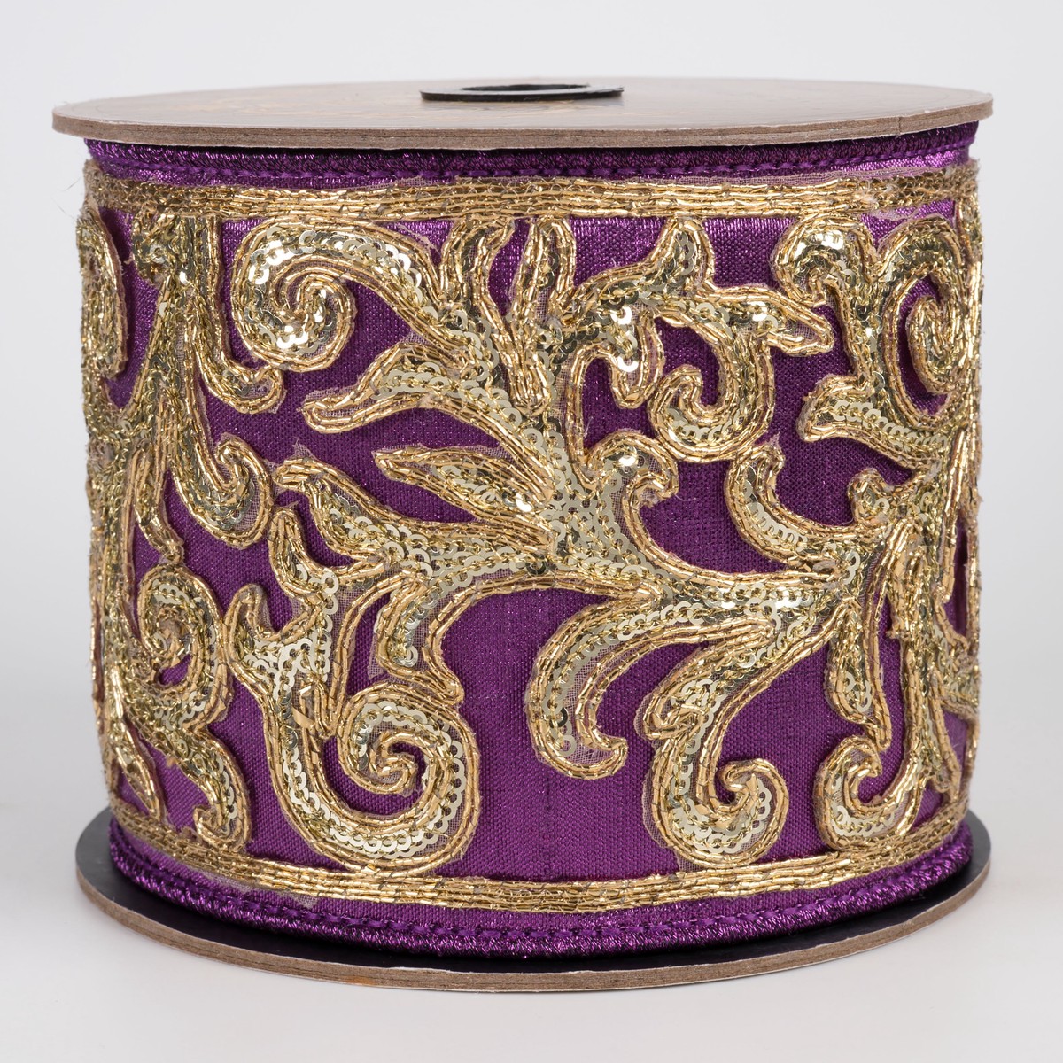 [D Stevens] 4" Metallic Dupioni Sequin Acanthus Cutout Ribbon: Purple & Gold (5 Yards)