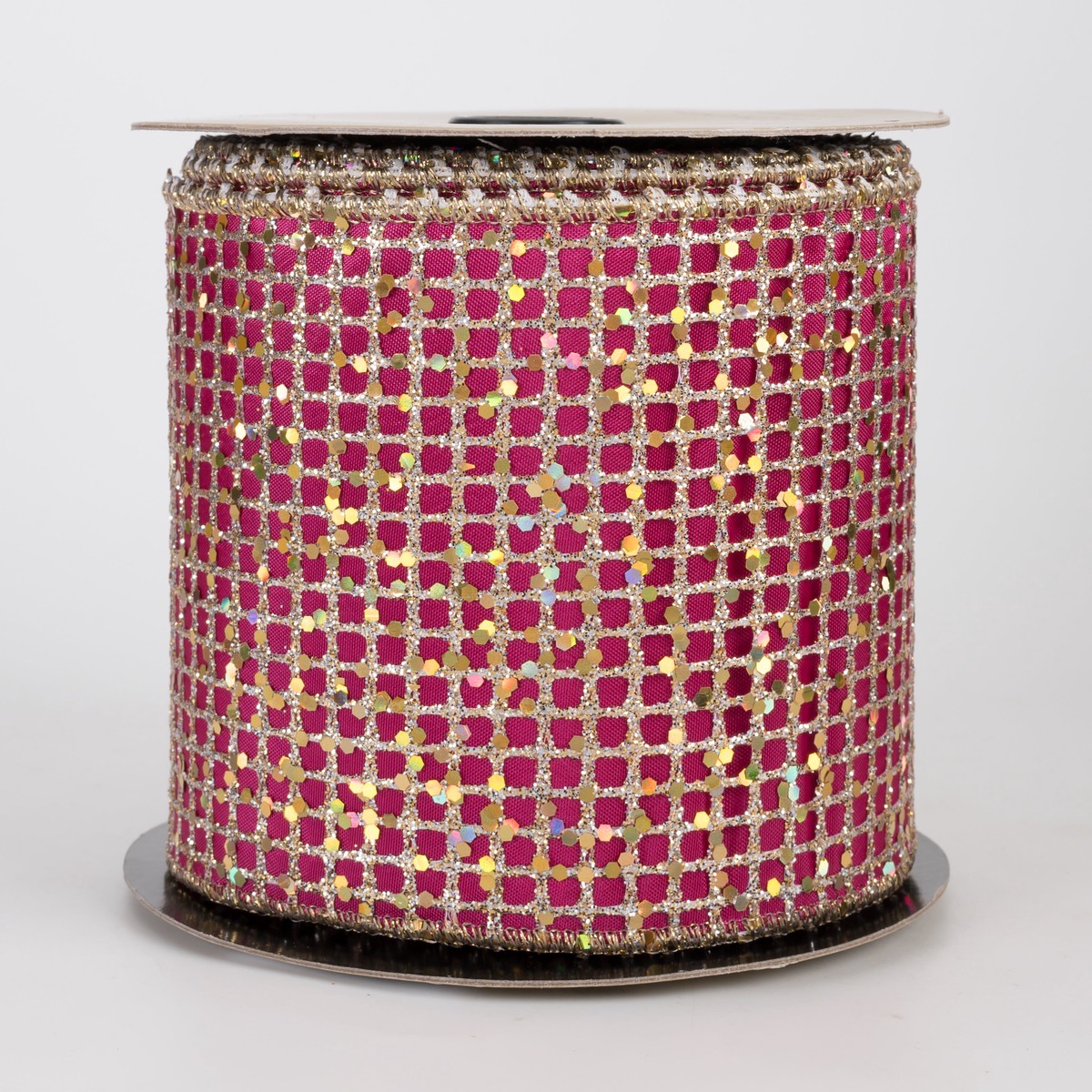 [D Stevens] 4" Taffeta Glitter Mesh Ribbon: Champagne & Fuchsia (10 Yards)
